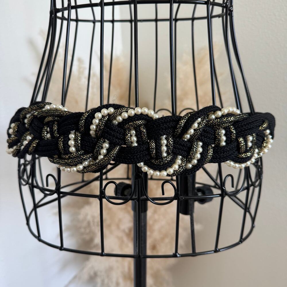 Vintage 80s Braided Rope Belt Black Metallic Gold Faux Pearl Cinch Statement